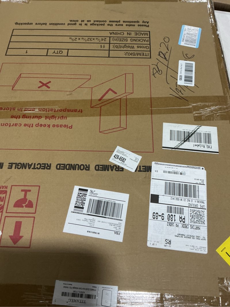 Condition photo showing Good Condition for 22x30 Inch Bathroom Mirror for Wall,Matte Gold Framed Rectangle Mirror with Rounded Corner,Aluminum Alloy Framed Brushed Wall Mirror for Bedroom or Living Room,Vertical or Horizontal