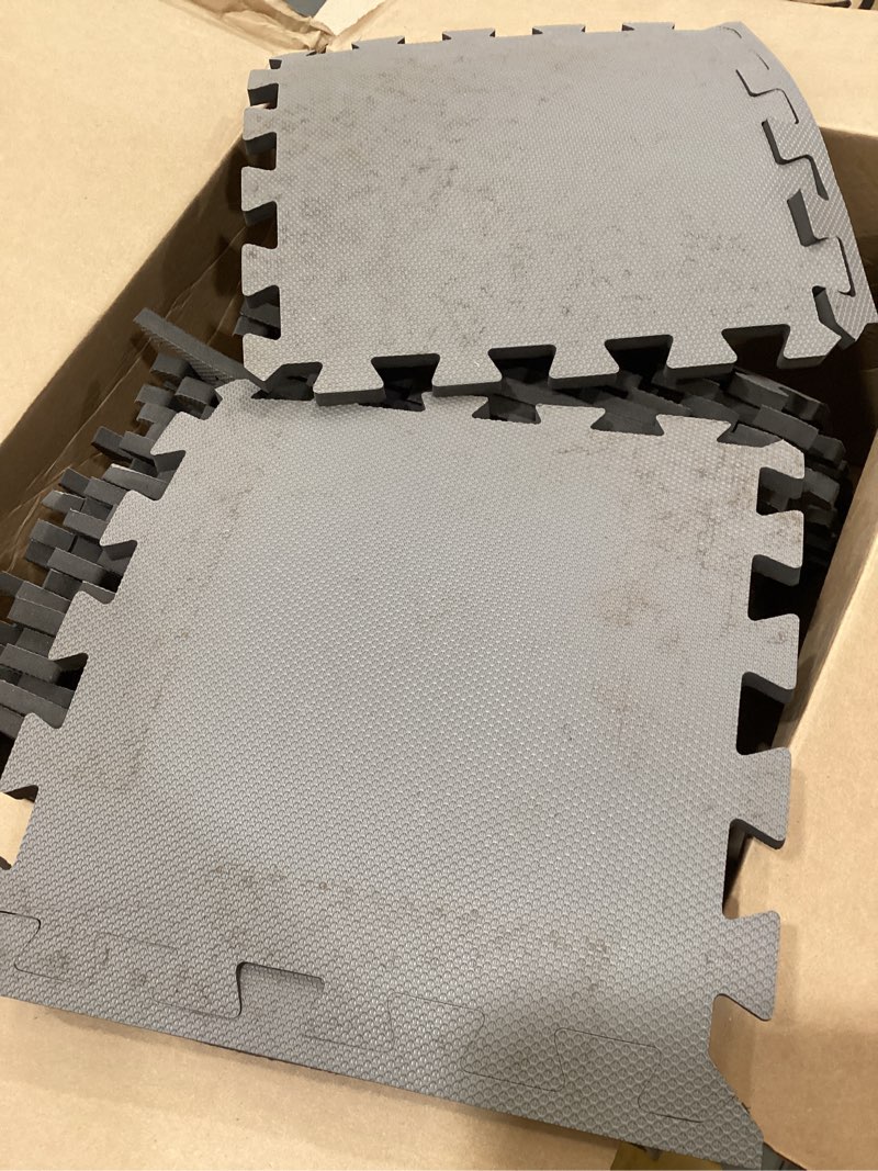 Condition photo showing As Is for black and gray  interlocking eva foam puzzle floor mats