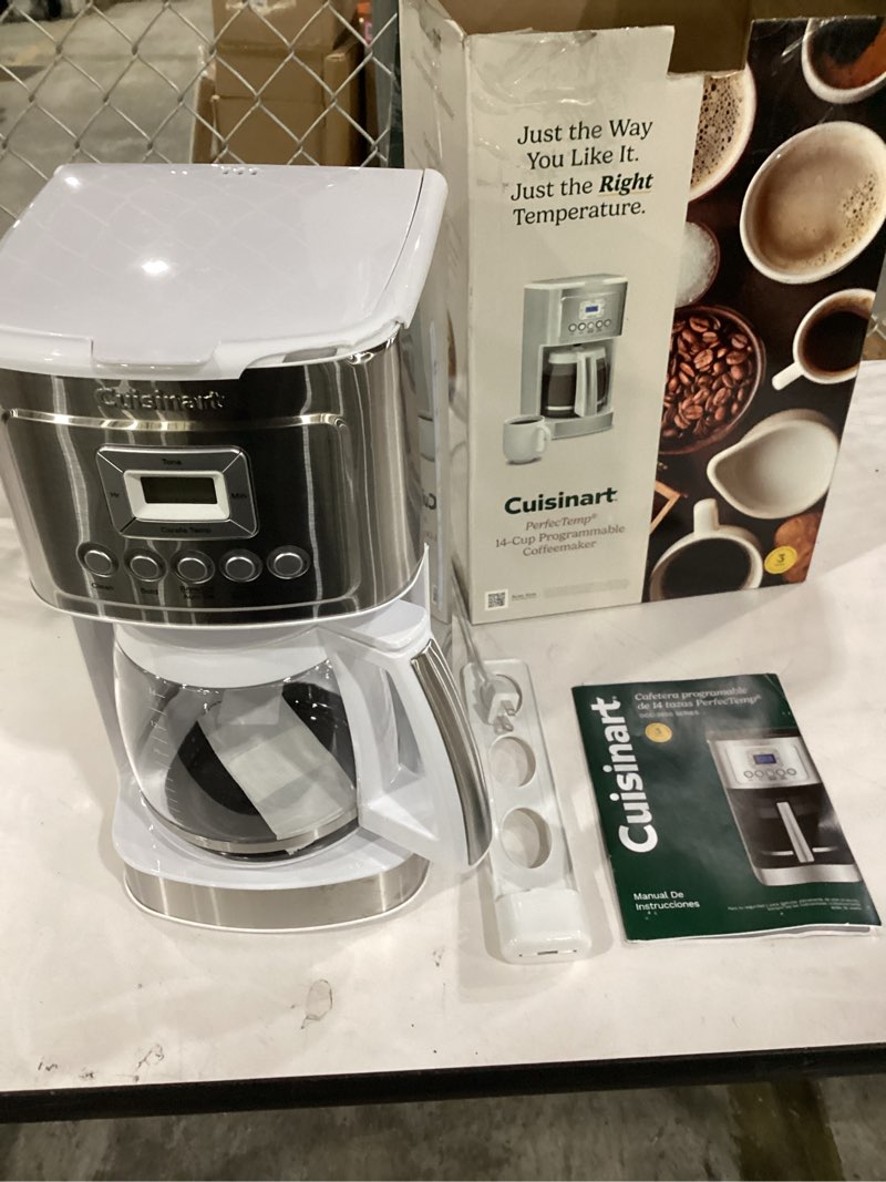 Condition photo showing As Is for not tested**** cuisinart 14-cup coffee maker, programmable perfectemp glass carafe coffee machine with 1-4 cup setting, brew strength control and brew pause, stainless steel, dcc-3200wnas, white 14-cup glass white