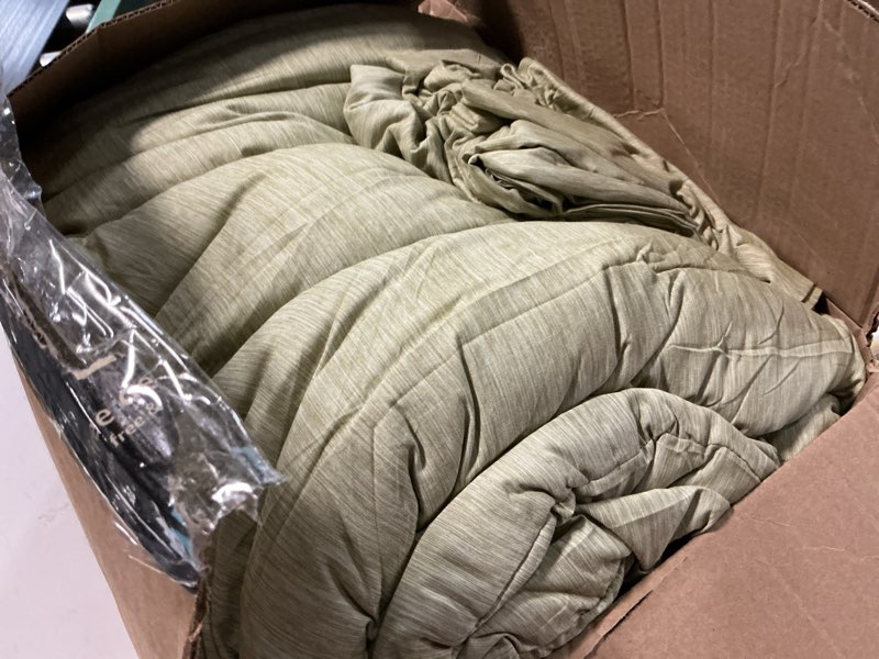 Condition photo showing As Is for cozylux king size comforter set, 3 pieces olive green soft luxury cationic dyeing comforter king size bedding set, breathable lightweight bed sets with 1 down alternative comforter and 2 pillow shams olive green king