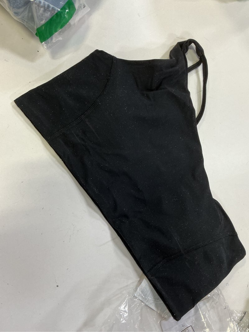 Condition photo showing New/Like New for (Size large)Amazon Essentials Womens Active FormFlex Buttery Soft Light Support One Shoulder Strappy Back Sports Bra Large Black