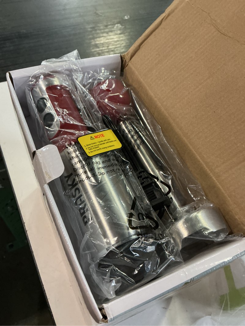 Condition photo showing Good Condition for immersion blender handheld 1200w, 5-in-1 hand blenders, 20 speeds hand mixer, stainless steel blades, milk frother wand, whisk, beaker, suitable for kitchen, protein shakes and baby food (red)