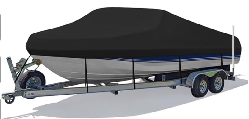 Heavy Duty Waterproof Boat Cover, Trailerable Marine Grade Polyester Canvas, V-Hull, Bass Boat, Runabout, Ski, Fishing Boat with Tightening Strap, Black