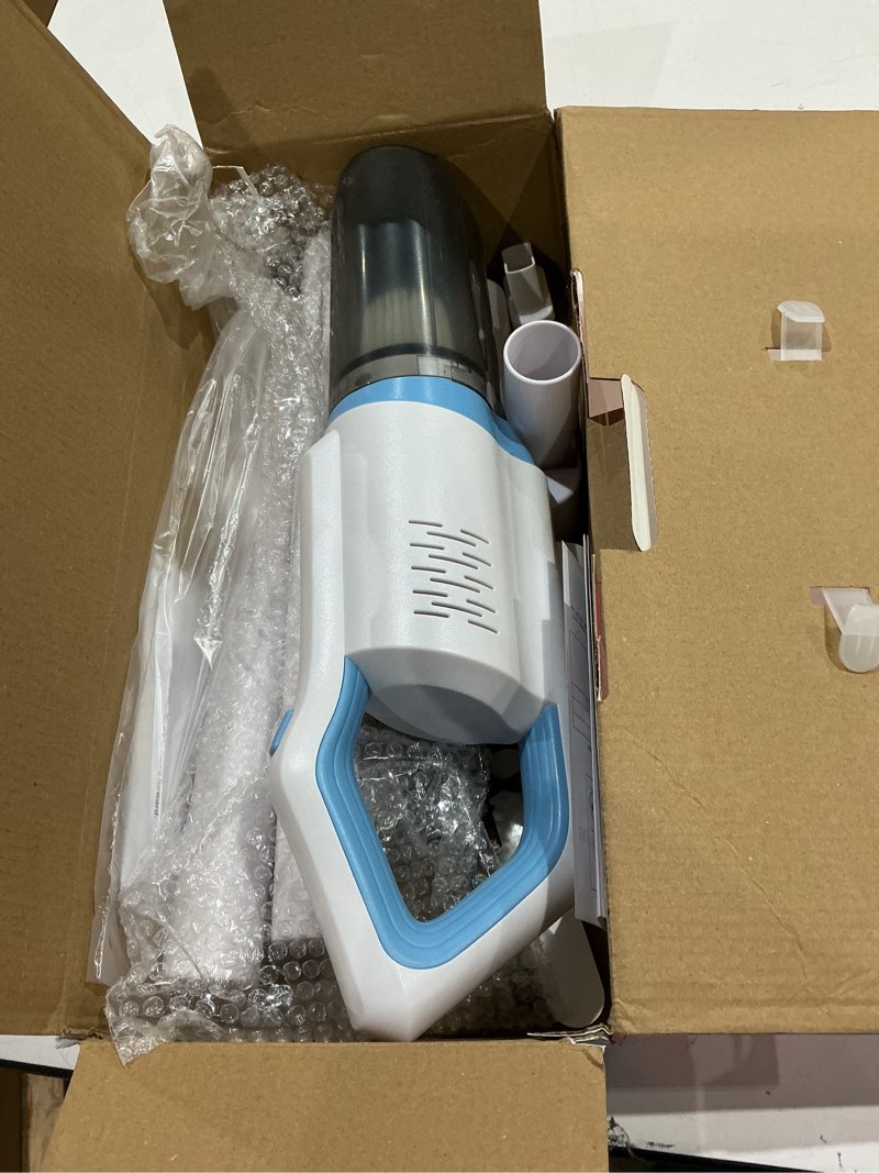 Condition photo showing As Is for handheld cordless vacuum cleaner for home car upholstery - rechargeable stick dust buster for pet hair hardwood floor & mattress 15k pa lite pro white & blue