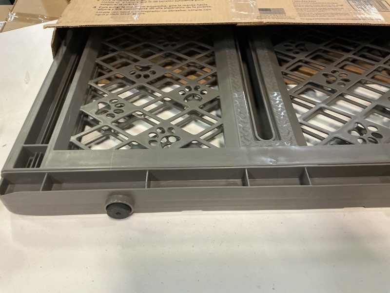 Condition photo showing Good Condition for mypet north states paws portable pet gate: 26-40" wide. pressure mount. no tools needed. made in usa, 23" tall, expandable, durable dog gates for doorways, fieldstone gray
