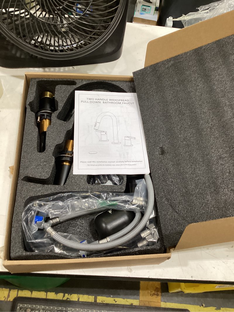 Condition photo showing Good Condition for kenes black and gold pull out widespread bathroom faucet 3 hole, 8 inch 2 handle bathroom sink faucet with pull down sprayer, vanity faucet with pop up drain and supply lines lj-9068-bg black & gold