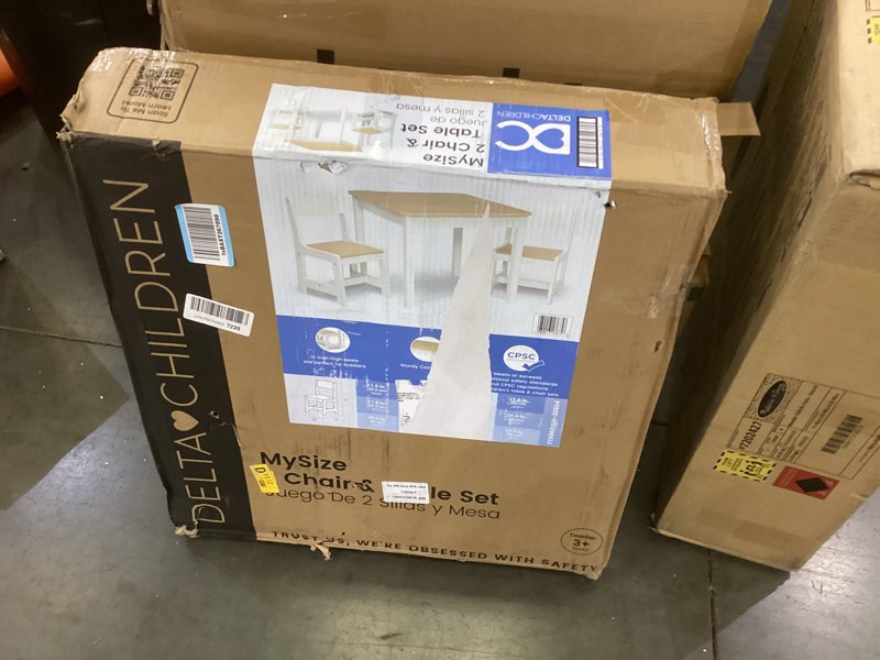 Condition photo showing As Is for Delta Children MySize Kids Wood Table and Chair Set (2 Chairs Included) - Ideal for Arts & Crafts, Snack Time, Homeschooling, Homework & More, Bianca White/Natural