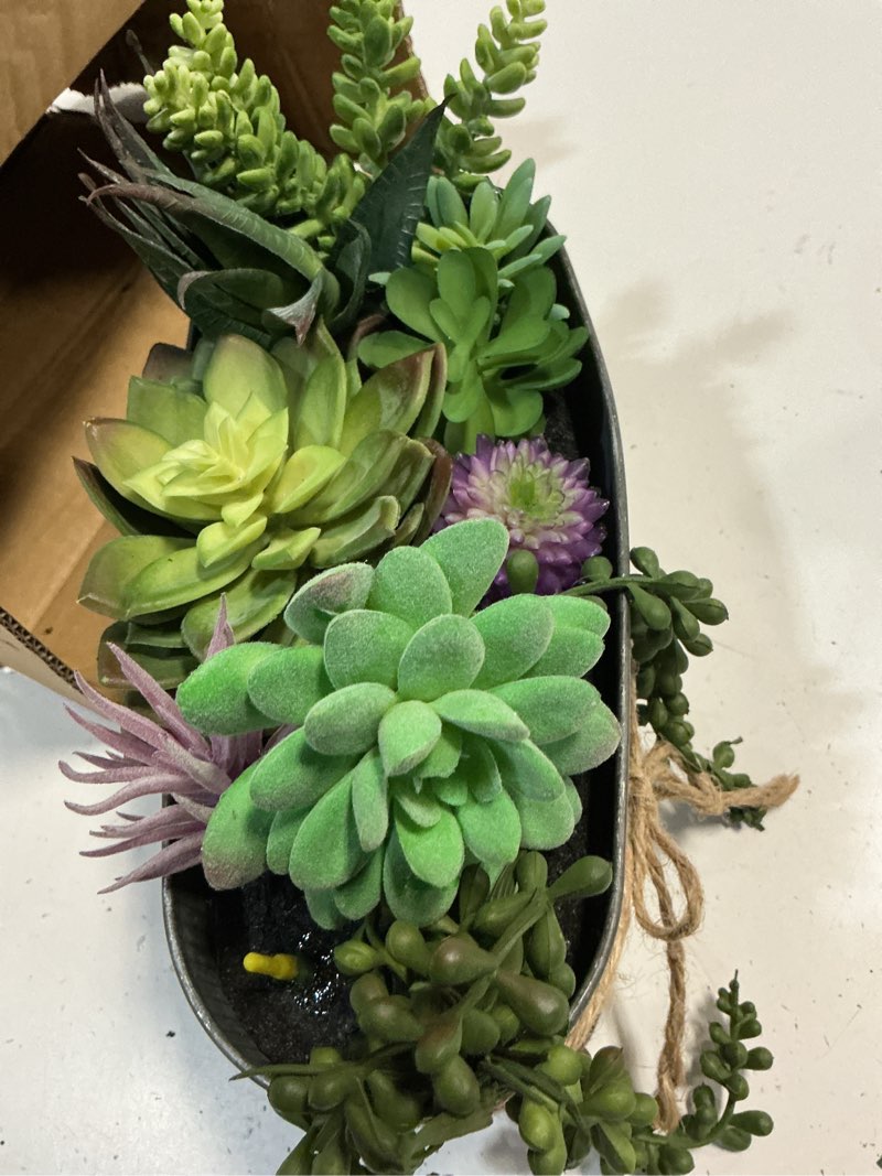 Condition photo showing As Is for winlyn 10" artificial succulent arrangement centerpiece fake succulent plants in rustic metal oval planter faux potted succulents for home office bedroom table windowsill shelf mantel decor