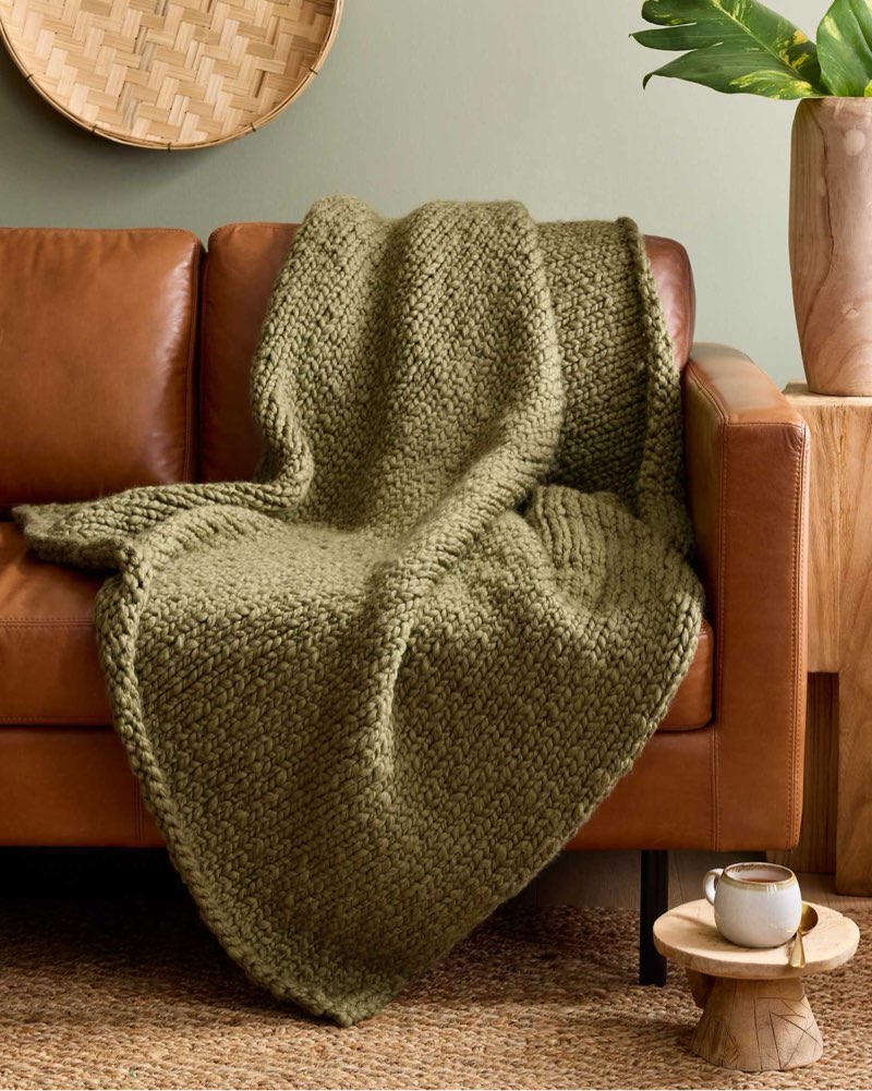 quince chunky hand knit wool throw 50”x60” olive