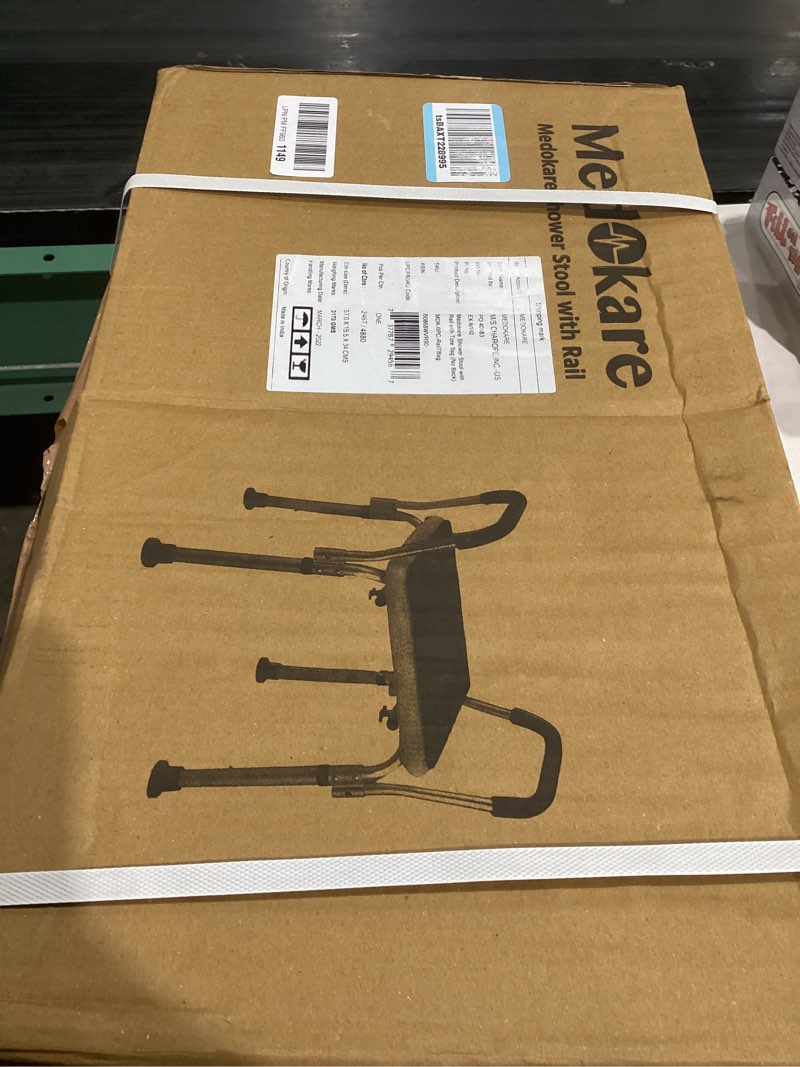 Condition photo showing Good Condition for Medokare Shower Chair with Padded Seat - Shower Bench for Seniors with Tote Bag and Handles, Shower Stool Bath Chair for Elderly, Handicap Tub Shower Seats for Adults (White Stool with Rail)