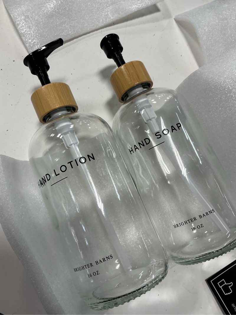 Condition photo showing New/Like New for clear glass soap and lotion dispenser set with tray by brighter barns - hand soap dispenser bathroom set - liquid soap dispenser and bpa-free pump - neutral home decor & modern bathroom accessories clear sl