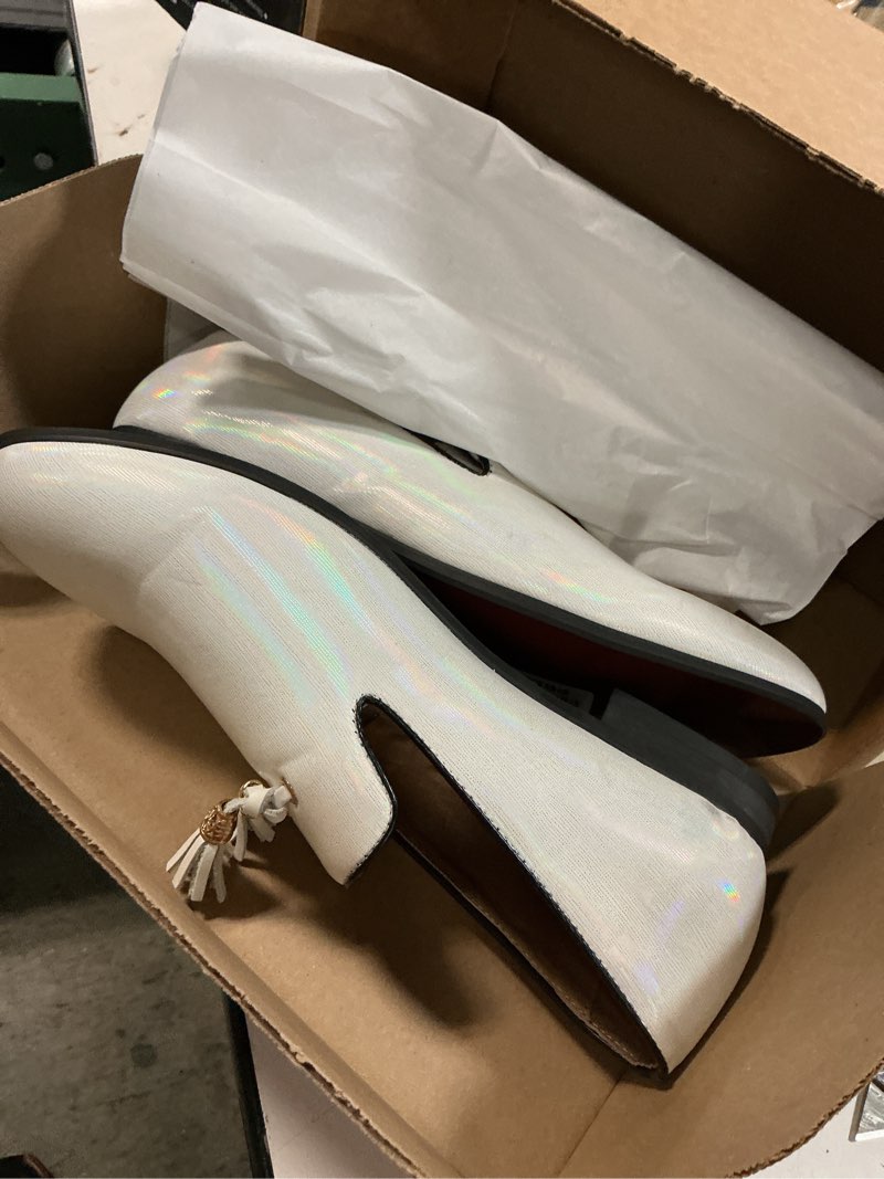 Condition photo showing Good Condition for men's velvet loafers party prom homecoming shoes 11 chain white