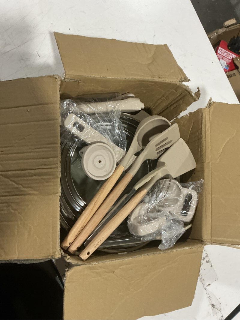 Condition photo showing As Is for carote 19pcs pots and pans set non stick, nonstick cookware set detachable handle, induction kitchen cooking sets with removable handle, rv kitchen, oven safe, taupe taupe 19 pcs