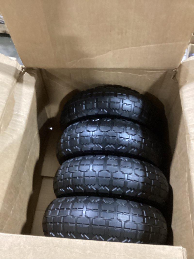 Condition photo showing As Is for 4.10/3.50-4 Tire and Dolly Wheel Flat Free - Solid Rubber Hand Truck Wheels 5/8" Axle - Gorilla Cart Tires Replacement for Garden, Wagon, Yard and Wheelbarrow (10 Inch 4 Pack) 10-Inch 4-Pack