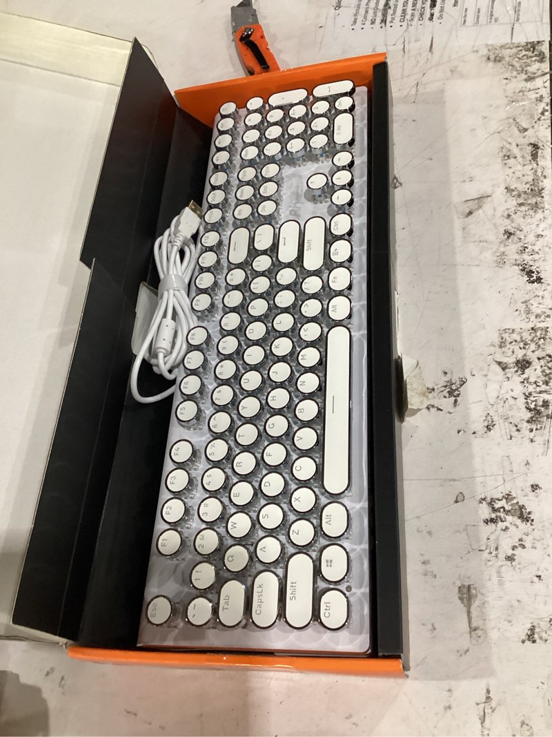 Condition photo showing Good Condition for rk royal kludge s108 typewriter mechanical keyboard, retro wired gaming keyboard with number pad and detachable wrist rest, 108 keys full size pc game keyboards, clicky blue switch, blue backlit white white blue backlit blue switch