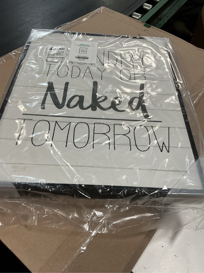 Condition photo showing New/Like New for stupell industries 'laundry today or naked tomorrow black and white planked look', framed giclee art, black, 16 x 20 inches, easy to hang and sturdy, made in usa, by kim allen