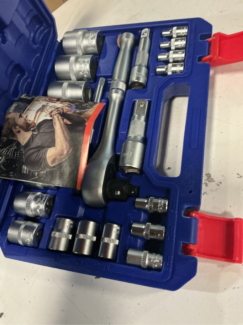 Condition photo showing New/Like New for workpro 22-piece socket set with 3-in-1 ratchet handle, 1/4, 3/8, 1/2 inch drive socket wrench, cr-v metric socket set, extension bars, storage box included, mechanics tool sets for auto repairing