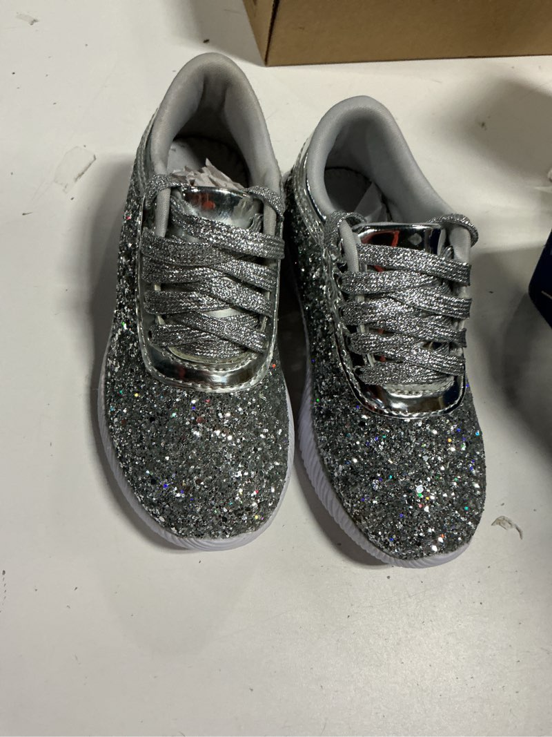 Condition photo showing Good Condition for (size 11)lucky step kid's glitter hook and loop sneakers | sparkly braided shiny bling princess shoes | school athletic running walking for boys & girls