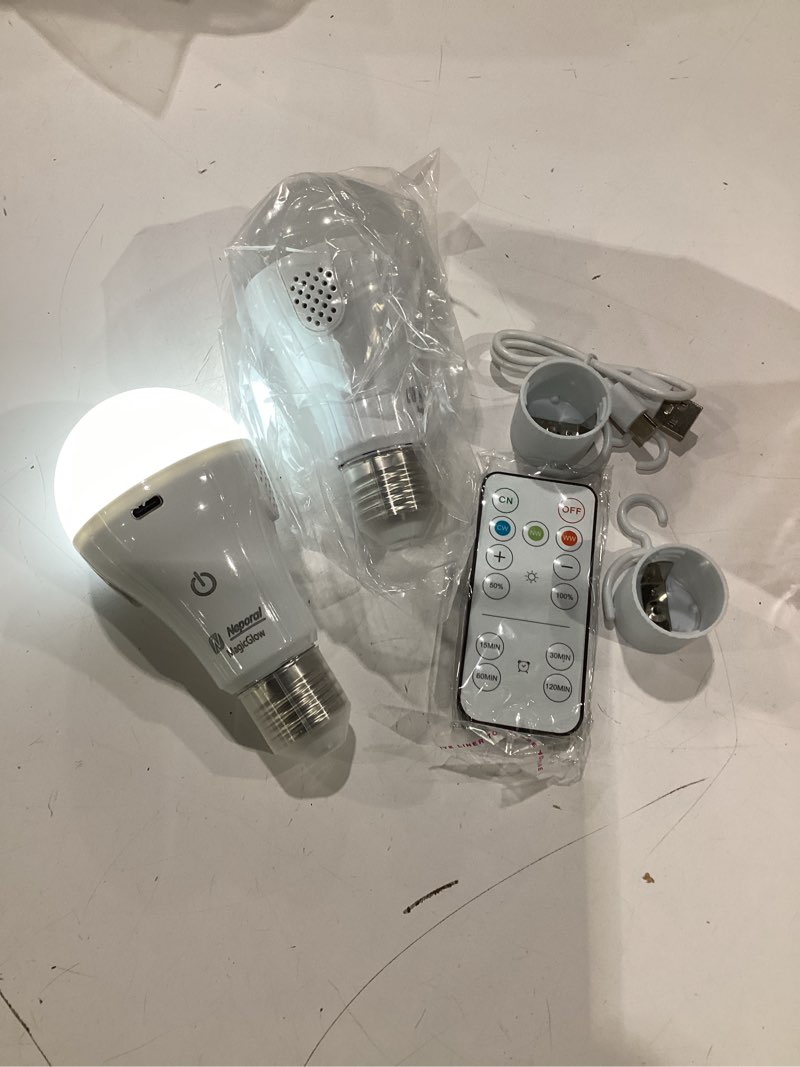 Condition photo showing New/Like New for neporal magicglow rechargeable light bulbs with remote, 3 colors shift + dimmable battery powered light bulbs, usb rechargeable, a19 standard emergency led light bulbs, 15w, up to 24 hours, 2 pack white 2
