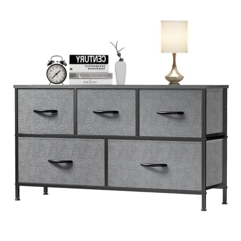 EDX 5 Drawer Dresser, Wide Chest of Drawers Nightstand Storage Tower Storage Fabric Dresser with Wood Top for Living Room, Bedroom, Hallway, Grey