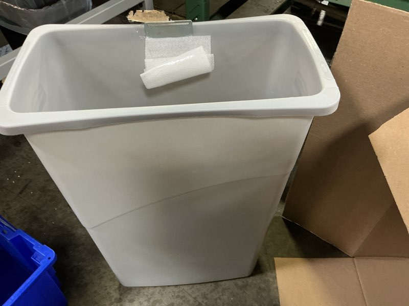 Condition photo showing As Is for rubbermaid commercial products slim jim waste confidential combo 23-gallon gray paper slot to dispose documents with lock lid for security best use for offices/school/university/courtroom 23g container with lid trash can
