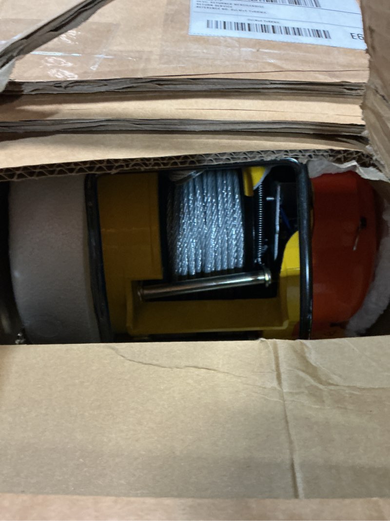 Condition photo showing Good Condition for 1100lbs electric hoist winch,1500w portable power winch cranehoist lift,98ft lifting height,2-in-1 wire remote control/wireless remote control, 36ft/min,for warehouss, garage, factory orange