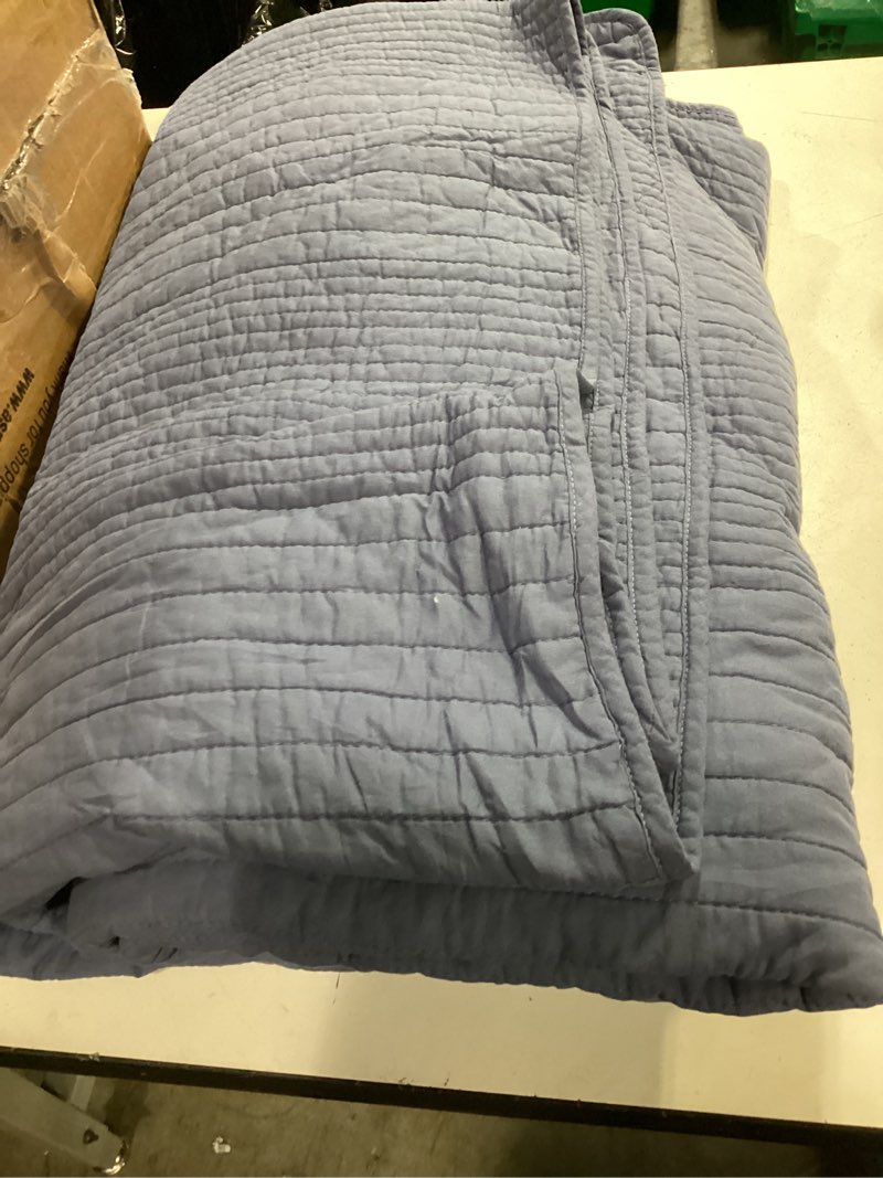 Condition photo showing Good Condition for love's cabin queen size cotton quilt set, 100% cotton fabric striped textured coverlet with crinkled look, lightweight quilted bedspread for all season, includes 2 pillow shams, bluish grey | lightweight, cotton fabric, soft, breathable bluish grey queen(90"x96"?