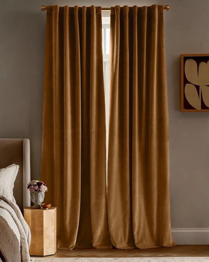 ( 1 panel ) quince cotton velvet room darkening curtain panel camel 48” x 96”