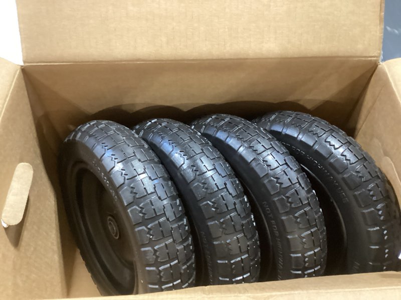 Condition photo showing Good Condition for 13" flat free wheels replacement for gor garden cart tires, 4.00-6 solid tires with 5/8"bearings, 13" no flat wheels for gor garden carts/hand trucks/garden carts 4 black