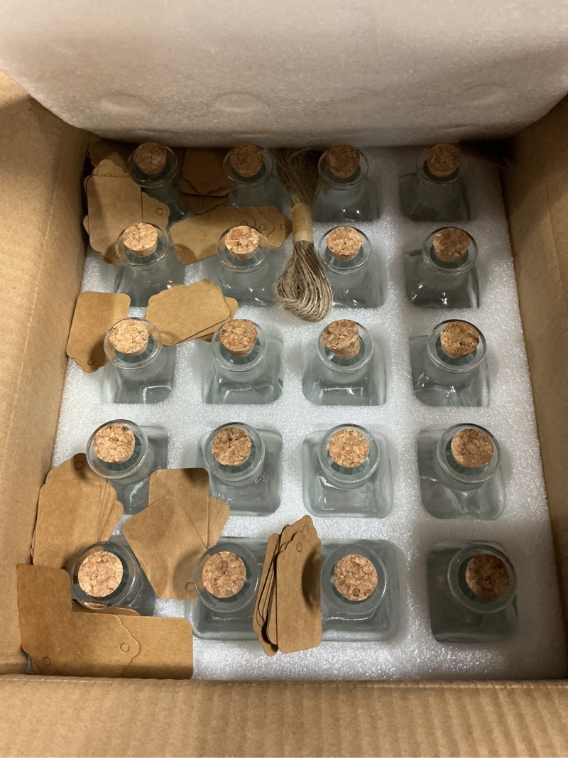Condition photo showing New/Like New for ZOOFOX 20 Pack Glass Bottles with Cork Stoppers, 3.4 oz Small Vintage Style Favor Jars, Clear Empty Cork Bottles for Party Favors, DIY Crafts, Extra Tags and String