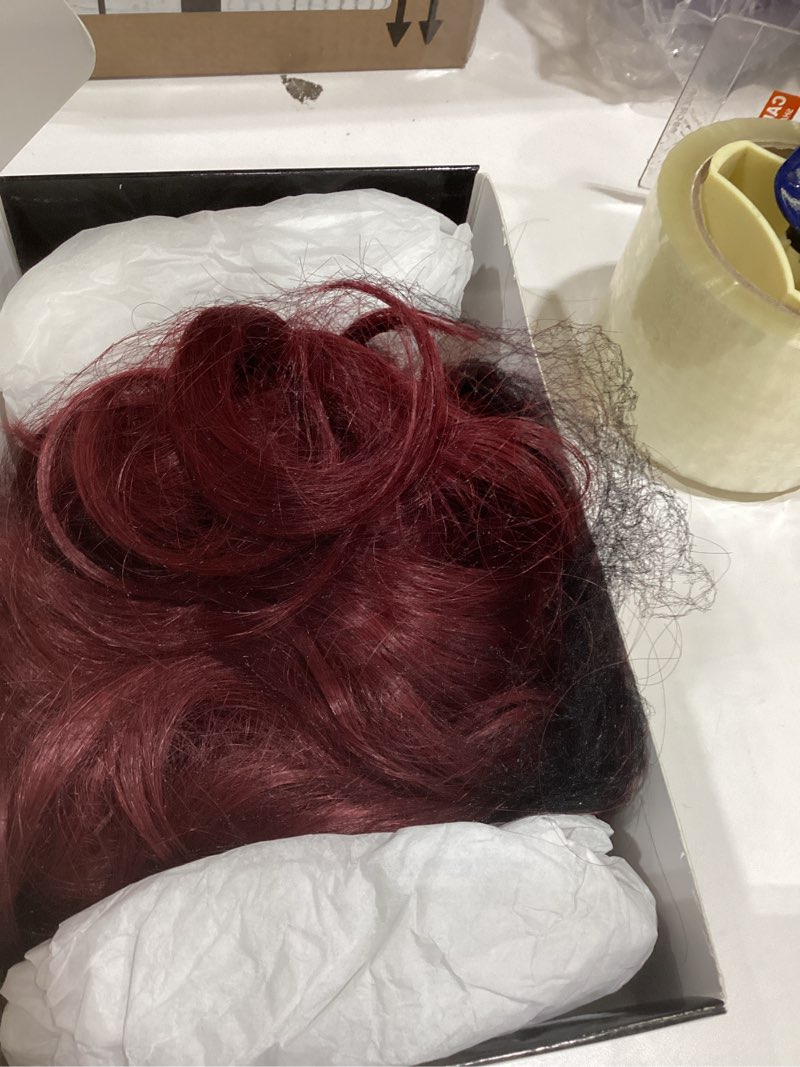 Condition photo showing As Is for ATAYEA Red Wig with Bangs Short Wavy Wigs for Women Wine Red Curly Shoulder Length Bob Wig Synthetic fiber Wigs for Cosplay Party Daily Use (14 Inch) 14 Inch Wine Red