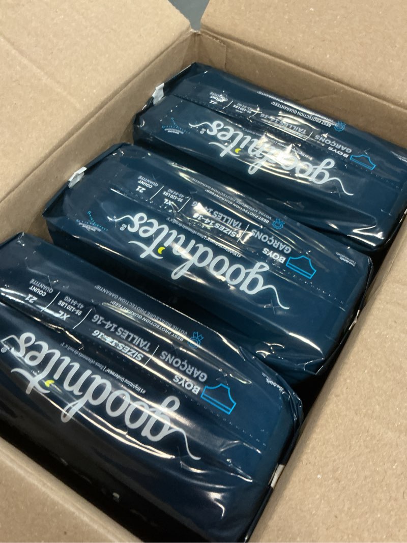 Condition photo showing New/Like New for goodnites boys' nighttime bedwetting underwear, size extra large (95-120 lbs), 63 ct (3 packs of 21), packaging may vary x-large 63