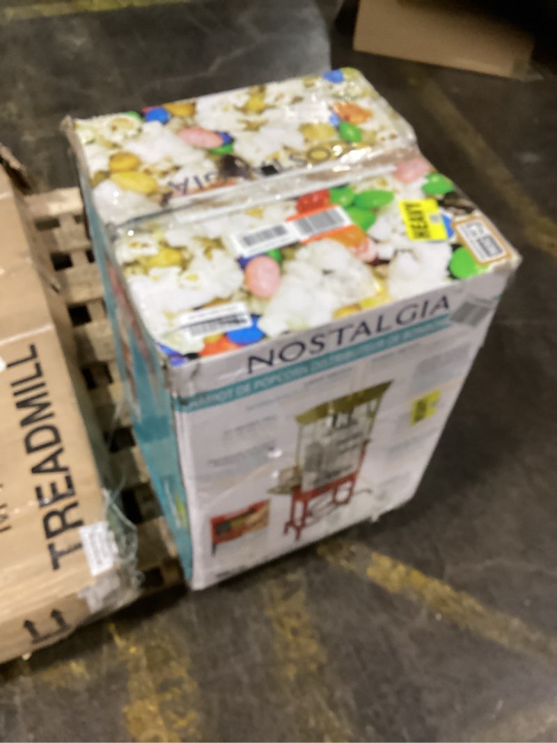 Condition photo showing As Is for Nostalgia Vintage 8 Ounce Professional Popcorn Cart Makes Up to 32 Cups, Three Storage Candy & Kernel Dispenser Also for Nuts, Chocolate, Measuring Spoons and Scoop Included, Red 8 Oz Red Candy Cart