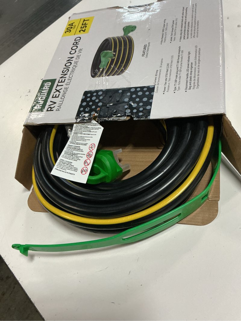 Condition photo showing Good Condition for rvguard 30 amp 25 foot rv power extension cord, heavy duty stw cord with led power indicator and cord organizer, 30 amp male standard to 30 amp female locking connector, black&yellow, etl listed yellow&black 25ft locking