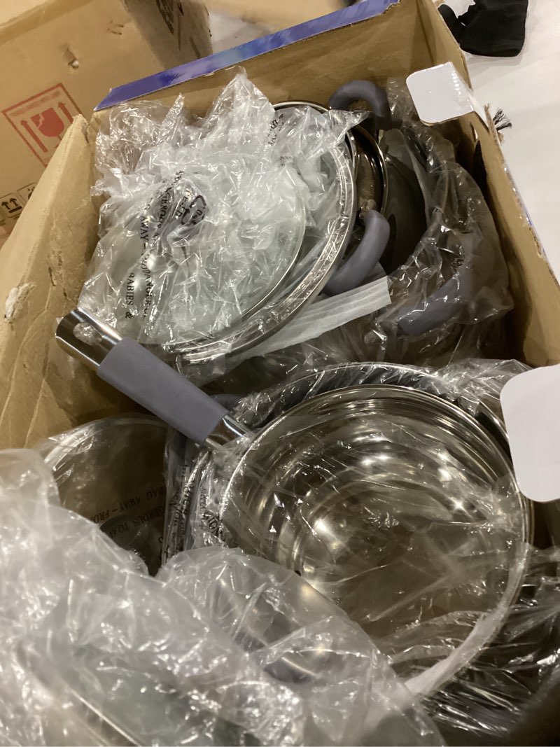 Condition photo showing As Is for daniks modern 11-piece stainless steel cookware set with glass lids, includes saucepan and frying pan with lid, tri-ply bases for even heating, induction compatible, dishwasher safe, heatproof handles 11-piece set with saucepan & frying pan