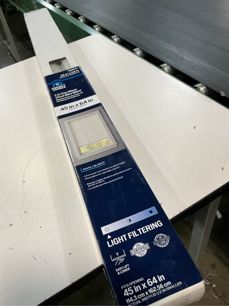 Condition photo showing New/Like New for project source light filtering 1-in slat width 45-in x 64-in cordless white vinyl light filtering mini-blinds