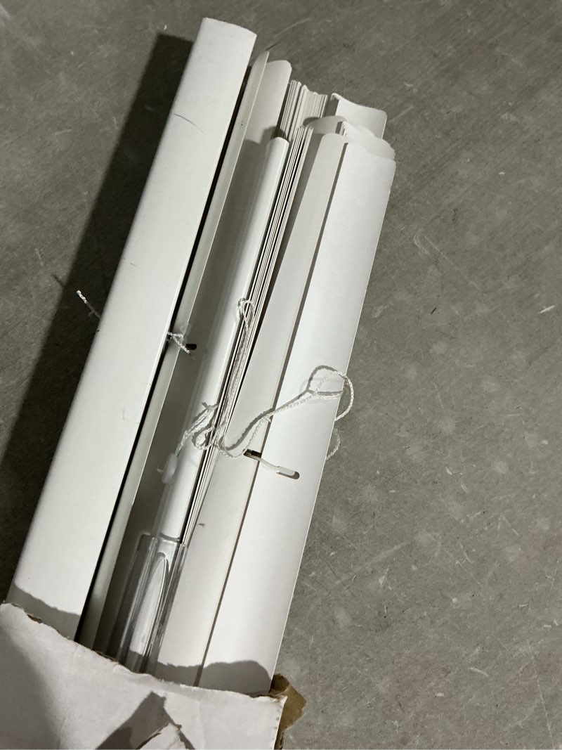 Condition photo showing As Is for project source room darkening 1-in slat width 39-in x 64-in cordless white vinyl room darkening mini-blinds
