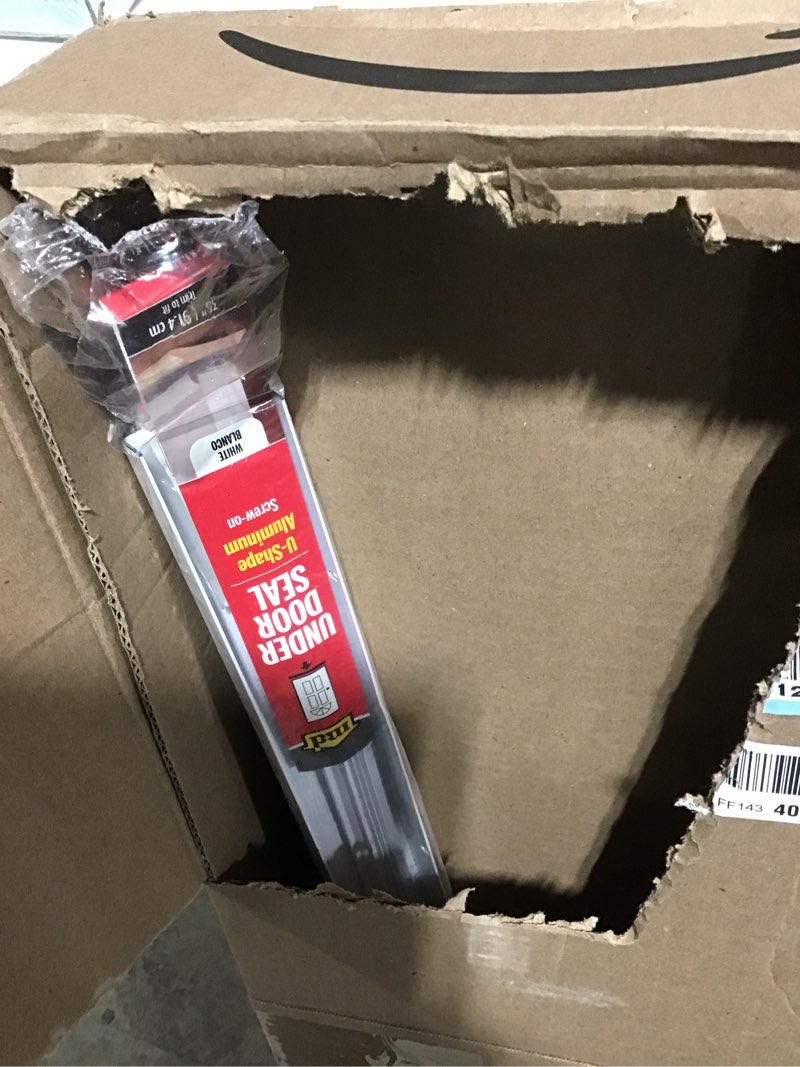 Condition photo showing As Is for M-D Building Products 06403 36 in. White Aluminum U-Shape Screw-on Under Door Seal White 1-3/4 Thick
