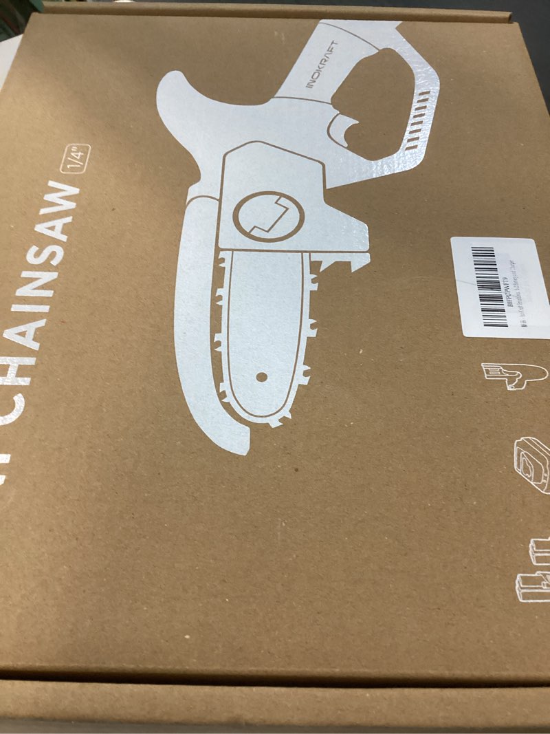 Condition photo showing New/Like New for inokraft brushless 4" cordless mini chainsaw, portable handheld design for tree trimmer, courtyard and garden, with 2 battery and charger