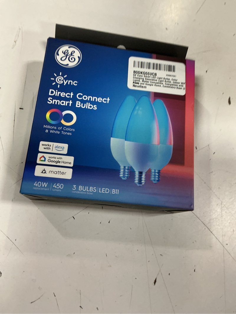 Condition photo showing New/Like New for ge cync smart led light bulbs, color changing decorative light bulbs, indoor wifi lights, matter compatible, compatible with alexa and google home, candelabra base (3 pack)