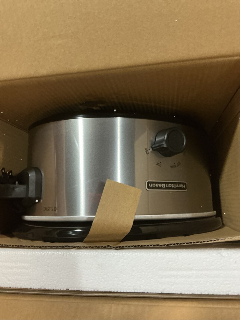 Condition photo showing Good Condition for hamilton beach 6-quart slow cooker with 3 cooking settings, dishwasher-safe stoneware crock & glass lid, silver (33665g) silver 6 quarts