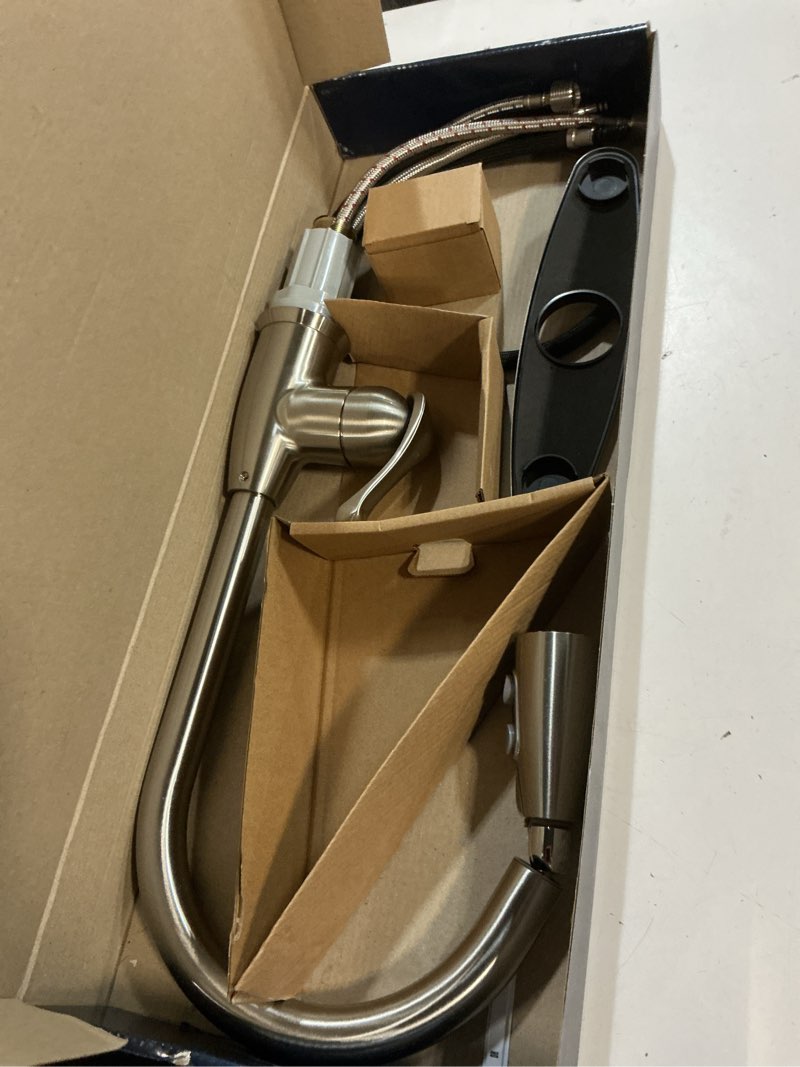 Condition photo showing As Is for project source tucker stainless steel single handle pull-down kitchen faucet with sprayer (deck plate included)