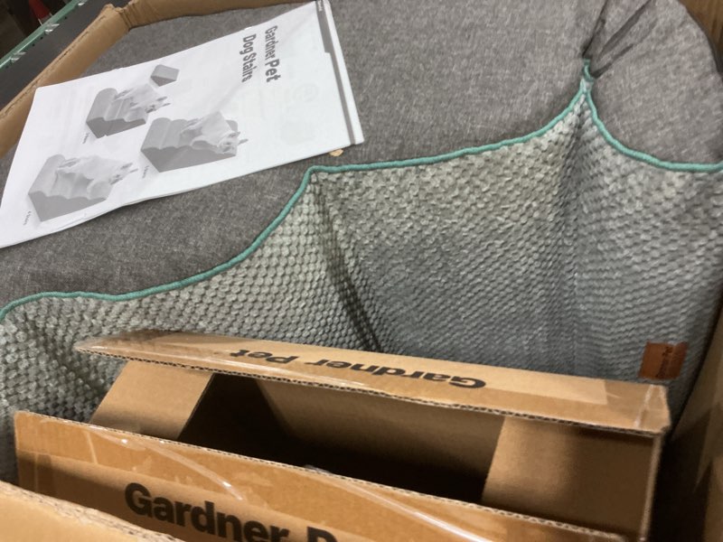 Condition photo showing Good Condition for gardner pet 4-step dog stairs for small dogs 18.5" h, curved 4-step pet stairs, dog steps for high bed (18-20 in), couch with durable non-slip waterproof fabric cover and certipur-us certified foam grey 4 28"d x 15.7"w x 18.5"h