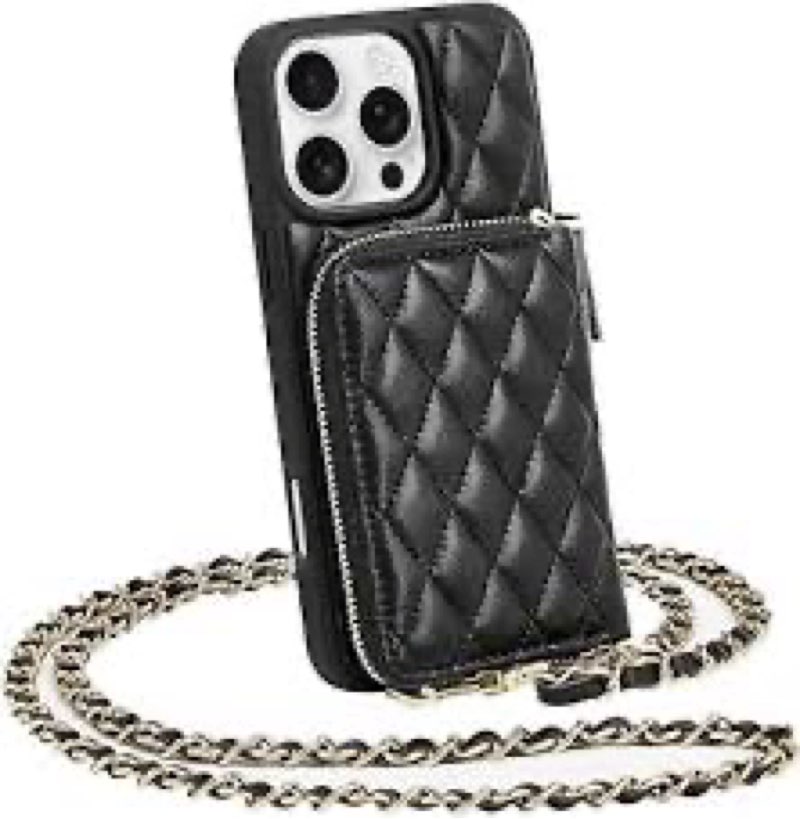 LAMEEKU for iPhone 15 Pro Wallet Case, Crossbody Case with Card Holder Quilted Leather Zipper Purse, Wrist Strap Lanyard Chain Cover for Women for iPhone 15 Pro 6.1\" Black 