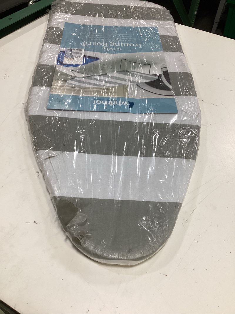 Condition photo showing As Is for whitmor foldable tabletop ironing board with removable scorch-resistant cover, metal mesh frame, retractable hook & non-slip feet, portable & easy storage, for home, dorm & travel, grey/white striped tabletop grey/white stripe