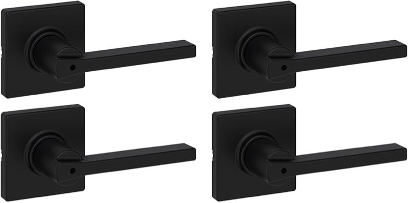 kwikset casey interior privacy door handle with lock 4 pack, door lever for bathroom and bedroom, matte black reversible keyless turn lock, with microban protection