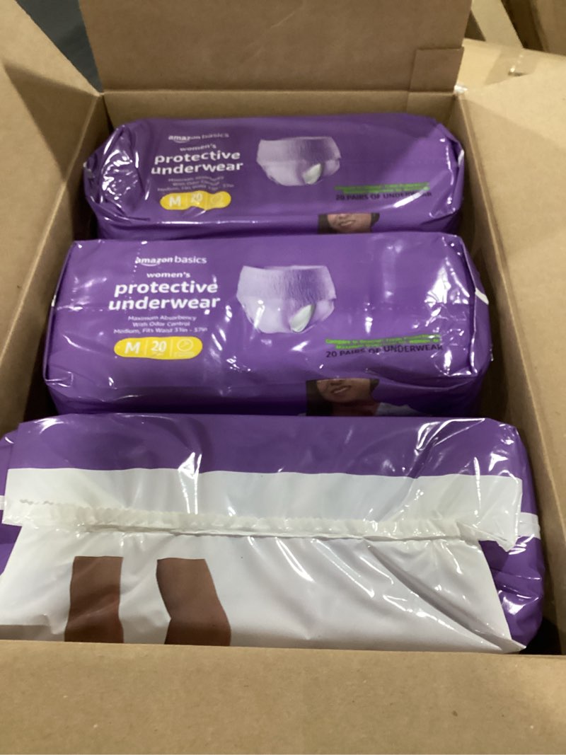 Condition photo showing New/Like New for amazon basics incontinence underwear for women, protective, disposable, postpartum, maximum absorbency, medium, lavender, 60 count (3 packs of 20) medium 60.0