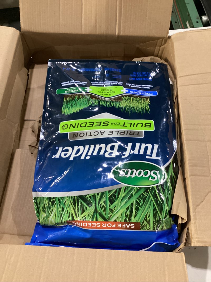 Condition photo showing New/Like New for scotts turf builder triple action built for seeding - weed preventer and fertilizer for new lawns, lawn food, 4,000 sq. ft., 17.2 lb. 4,000 sq. ft. triple action