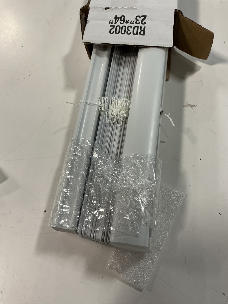 Condition photo showing As Is for project source room darkening 1-in slat width 23-in x 64-in cordless white vinyl room darkening mini-blinds