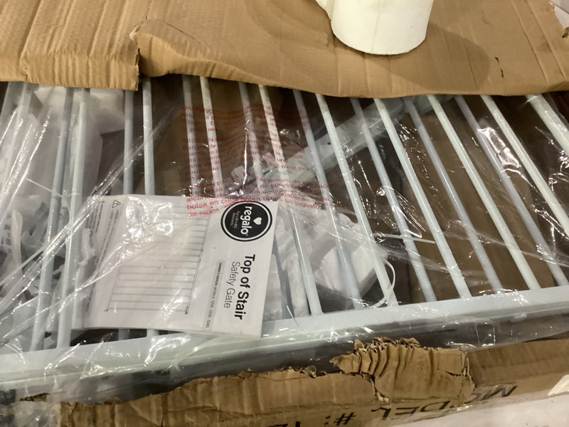 Condition photo showing New/Like New for regalo safety 35" extra tall baby gate for stairs, wall mounted 2-in-1 wide stair gate for babies, toddlers, & pets, includes banister and wall mounting kit, white white 34-55"w x 35"h